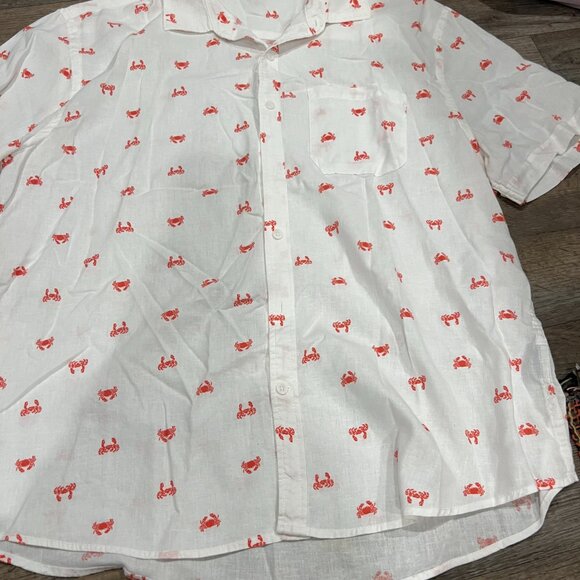 Magaschoni White Linen Viscose Shirt Red Crab Print Short Sleeve Size XL - Picture 6 of 8